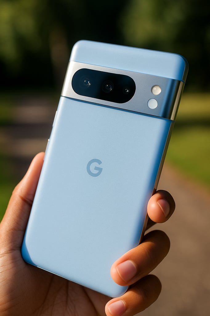 Google Pixel 8 Pro in Bay Blue held outdoors, highlighting the horizontal triple-camera bar with flash and the matte glass back; park background softly blurred.
