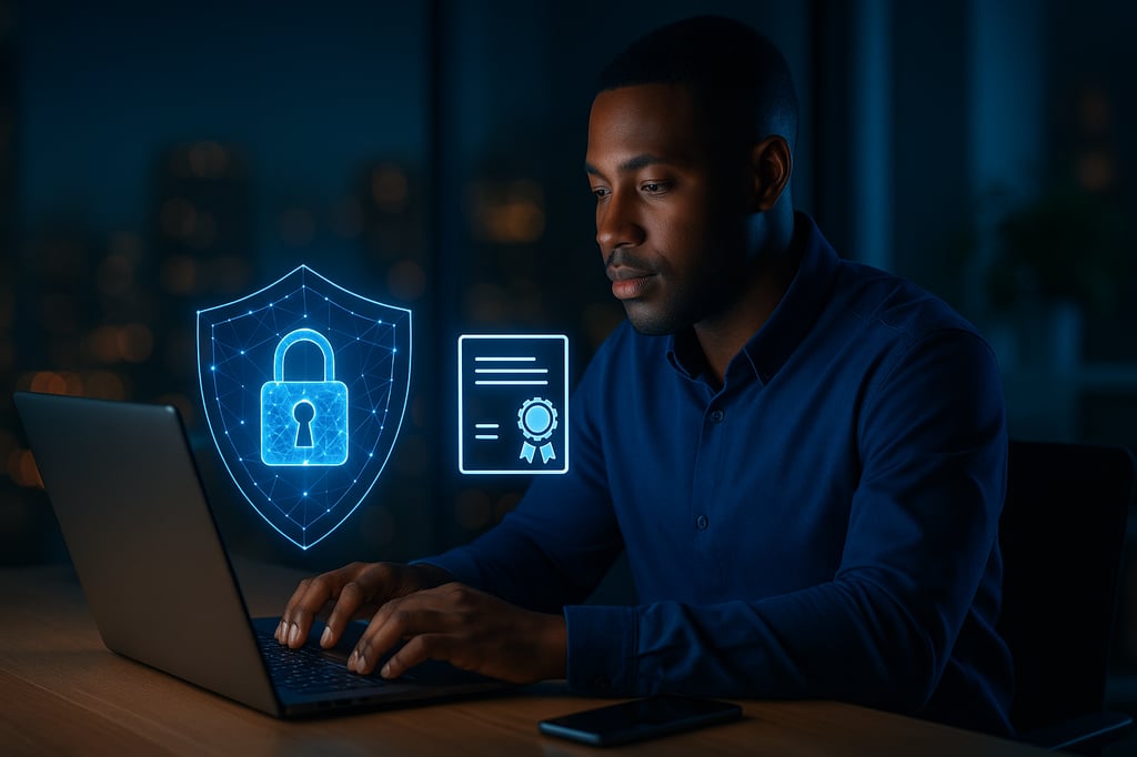 Night-time office scene: a focused young professional typing on a laptop, with glowing blue holographic icons—a padlock shield and a certificate—hovering beside the screen; blurred city lights in the background. Concept visual for Best Coursera Cybersecurity Certificates.