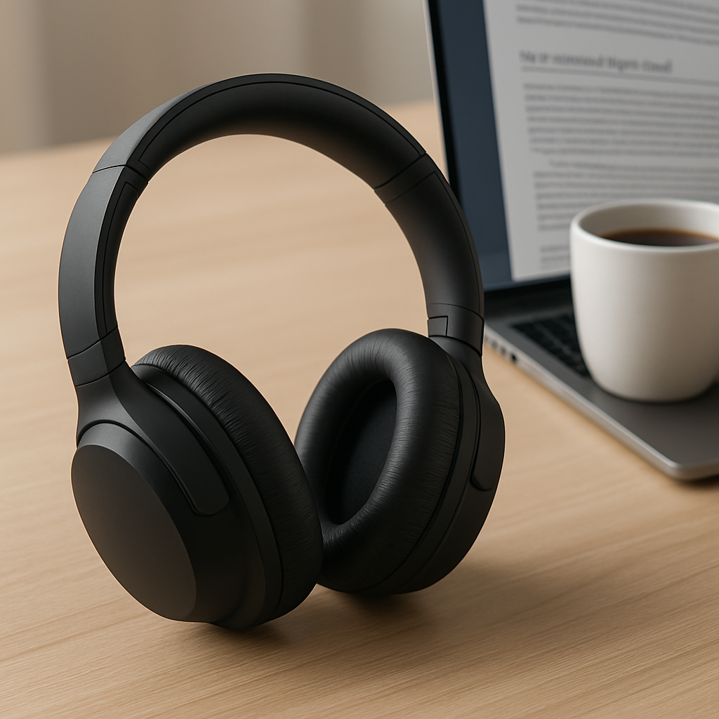 Matte black noise-cancelling headphones resting on a light wooden desk next to an open laptop and a white coffee mug, creating a clean and professional workspace aesthetic.