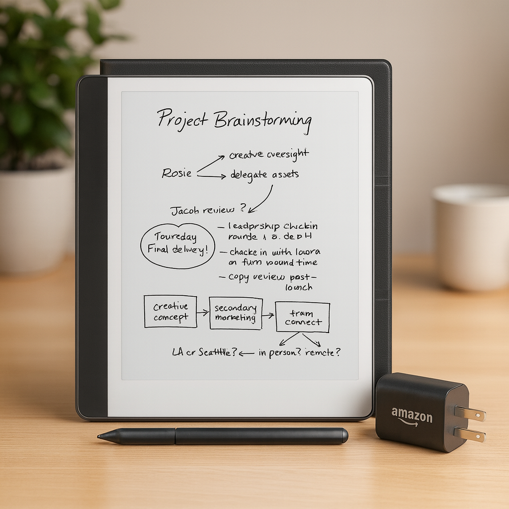 Amazon Kindle Scribe e-ink tablet in a black cover on a light wooden desk, showing a handwritten 'Project Brainstorming' page; stylus laid in front and an Amazon wall charger to the right with a softly blurred plant and mug in the background.