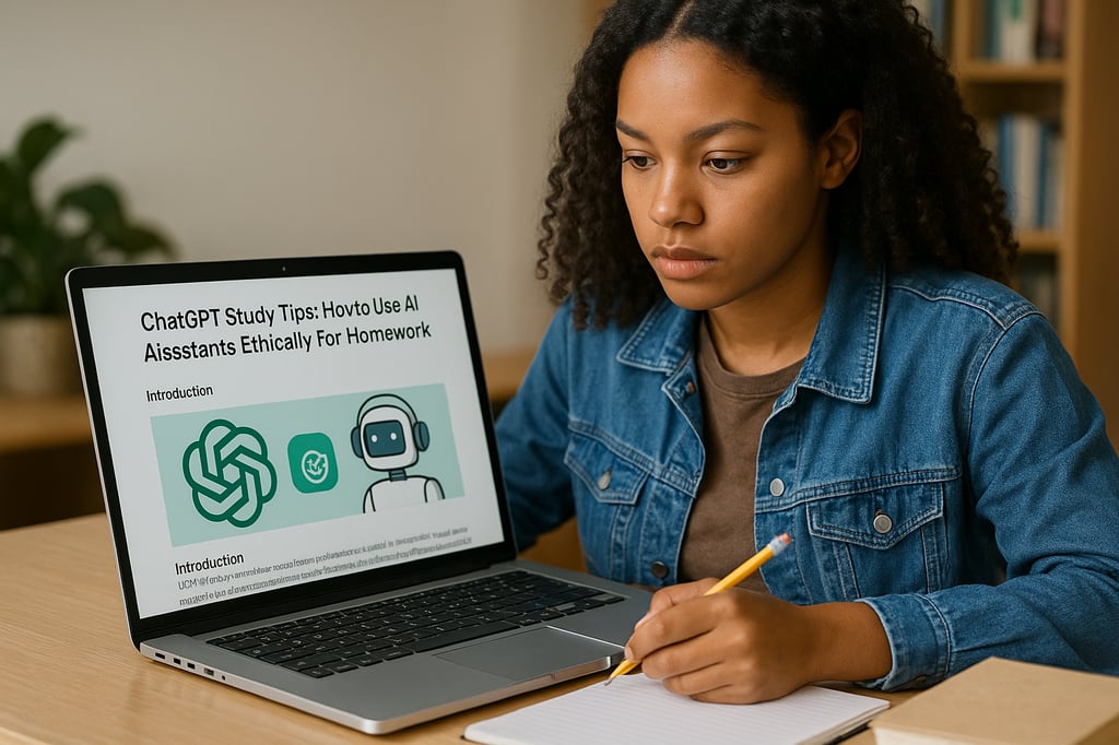 A focused African American student using ChatGPT on a laptop to ethically assist with homework. She sits at a wooden desk with books and takes notes in a notebook while reading educational AI content on screen.