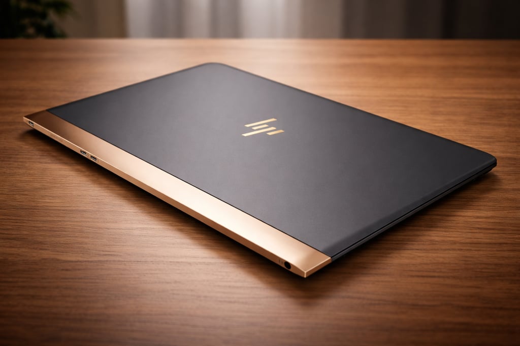 Closed HP Spectre laptop in dark gray with gold trim on a polished wooden desk, photographed from a low angle with a softly blurred indoor background.