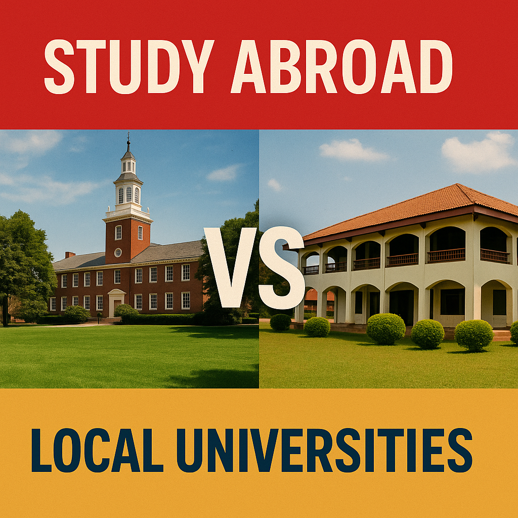 Split image showing an American-style red-brick campus under “STUDY ABROAD” and a Ghanaian-style white-columned campus under “LOCAL UNIVERSITIES,” separated by a bold “VS.”
