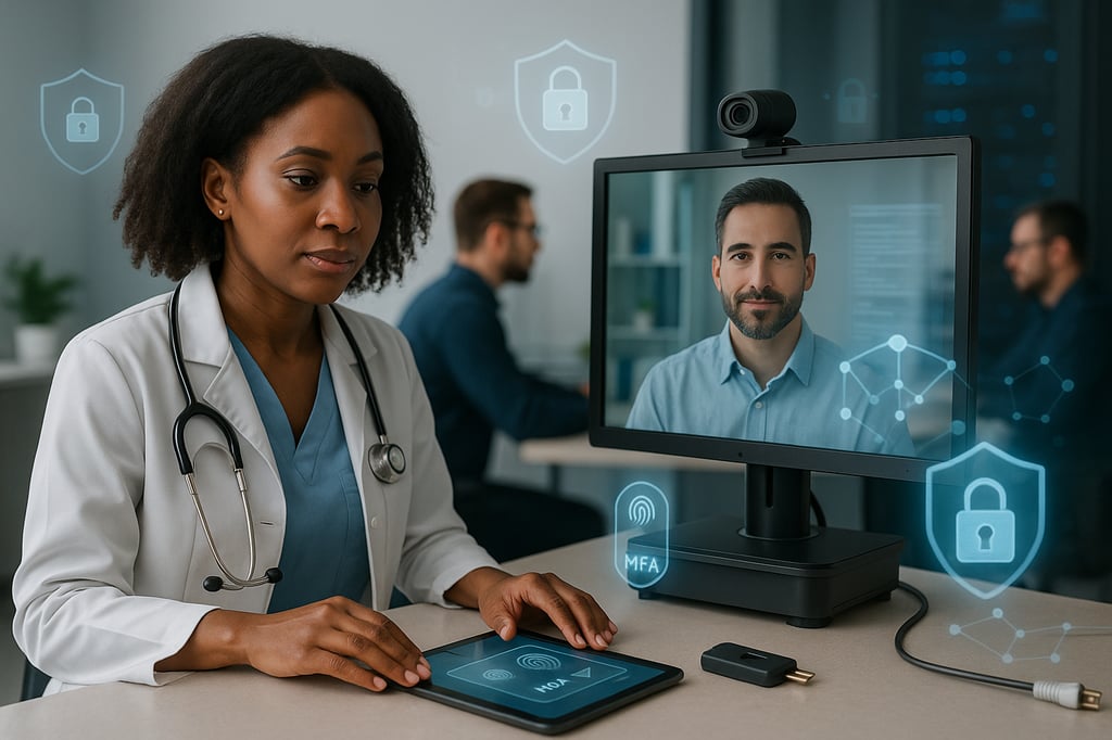 Clinician in a modern telehealth workstation during a secure video visit: the patient appears on a monitor while the doctor uses a tablet with multi-factor authentication. Translucent lock and network shield icons suggest encryption and access control, with a hardware security key visible on the desk.