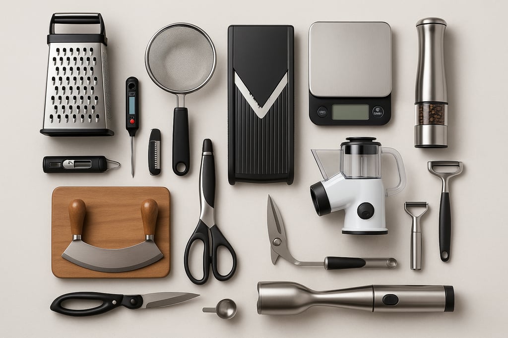 Top-down flat lay of modern kitchen gadgets on a light gray background: stainless-steel box grater, mesh strainer, digital thermometer, black mandoline slicer, digital kitchen scale, electric pepper grinder, mezzaluna on a small wooden board, kitchen shears, garlic press, Y-peeler and julienne peeler, measuring scoop, and a stainless immersion blender.