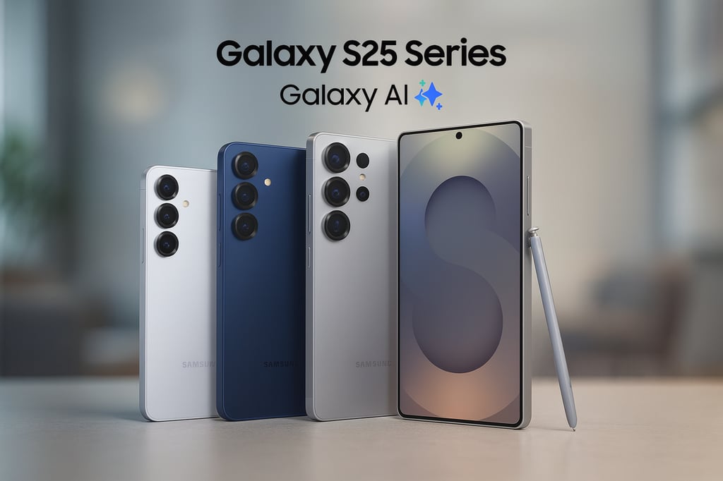 Samsung Galaxy S25 Series smartphones with Galaxy AI branding, standing on a table in front of a softly blurred modern room background