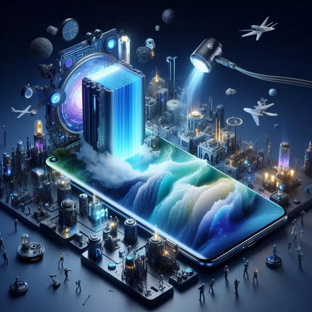Futuristic concept visualizing the Galaxy S24 Ultra for power users: a smartphone becomes a mini city with AI cores, a data waterfall, and tiny engineers, symbolizing extreme performance and multitasking.