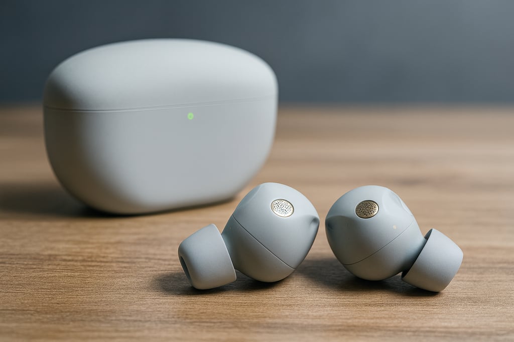 Sony WF-1000XM5 true wireless earbuds in light gray with their matching charging case, displayed on a wooden desk with a clean, professional gradient background.