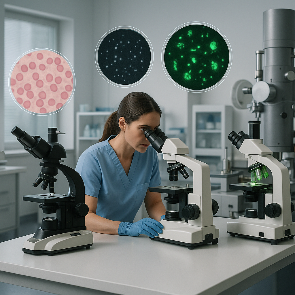Medical laboratory scientist using a brightfield microscope at a bench, with additional microscopes and circular overlays showing brightfield, darkfield, fluorescent and electron microscopy views, illustrating a comprehensive guide to medical laboratory microscopes.