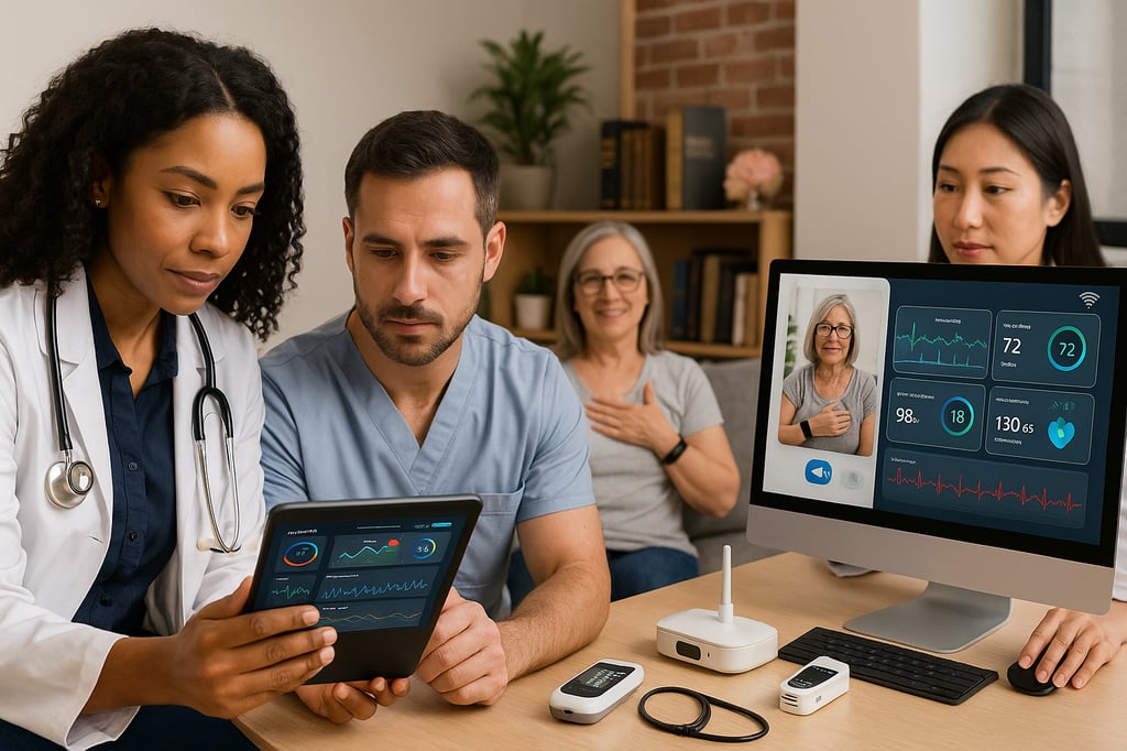 Remote patient monitoring scene: clinicians review a tablet while a patient appears on a video call; vitals dashboard on a desktop and wearables, pulse oximeter, and hub device on the desk.