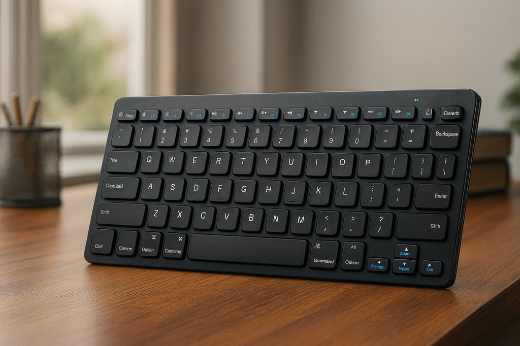 Anker Ultra-Compact Profile Wireless Bluetooth Keyboard in sleek black, displayed on a realistic wooden desk background with natural lighting, designed for portability and tablet compatibility.