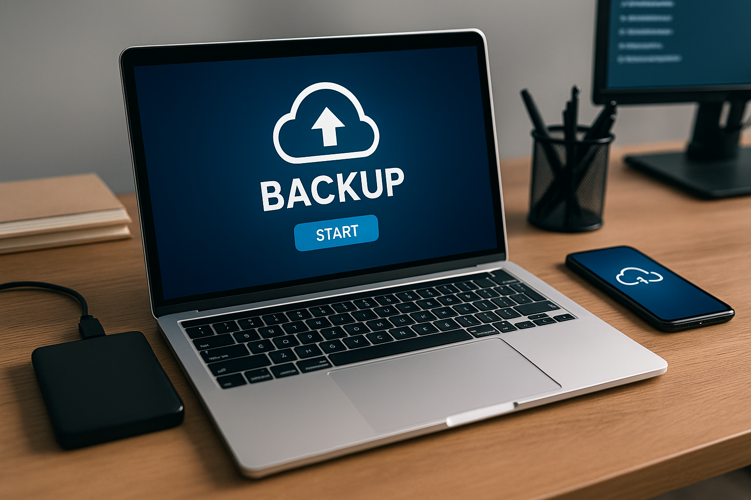 Laptop running backup software with a circular cloud backup icon on-screen, external hard drive connected, and smartphone on a desk—illustrating best backup software solutions.