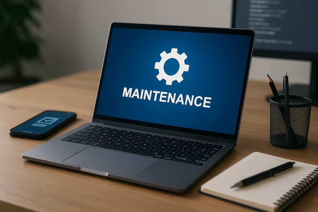 Laptop on a wooden desk with “Maintenance” displayed on its screen, accompanied by a smartphone, notepad, and pen—illustrating software maintenance essentials.
