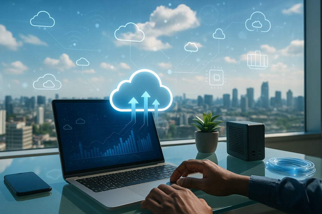 Modern office with a laptop on a glass desk showing a blue cloud dashboard and glowing upload arrows; hands typing with a phone, a small edge device, and a plant nearby, and a clear city skyline through the window with faint cloud and network icons.