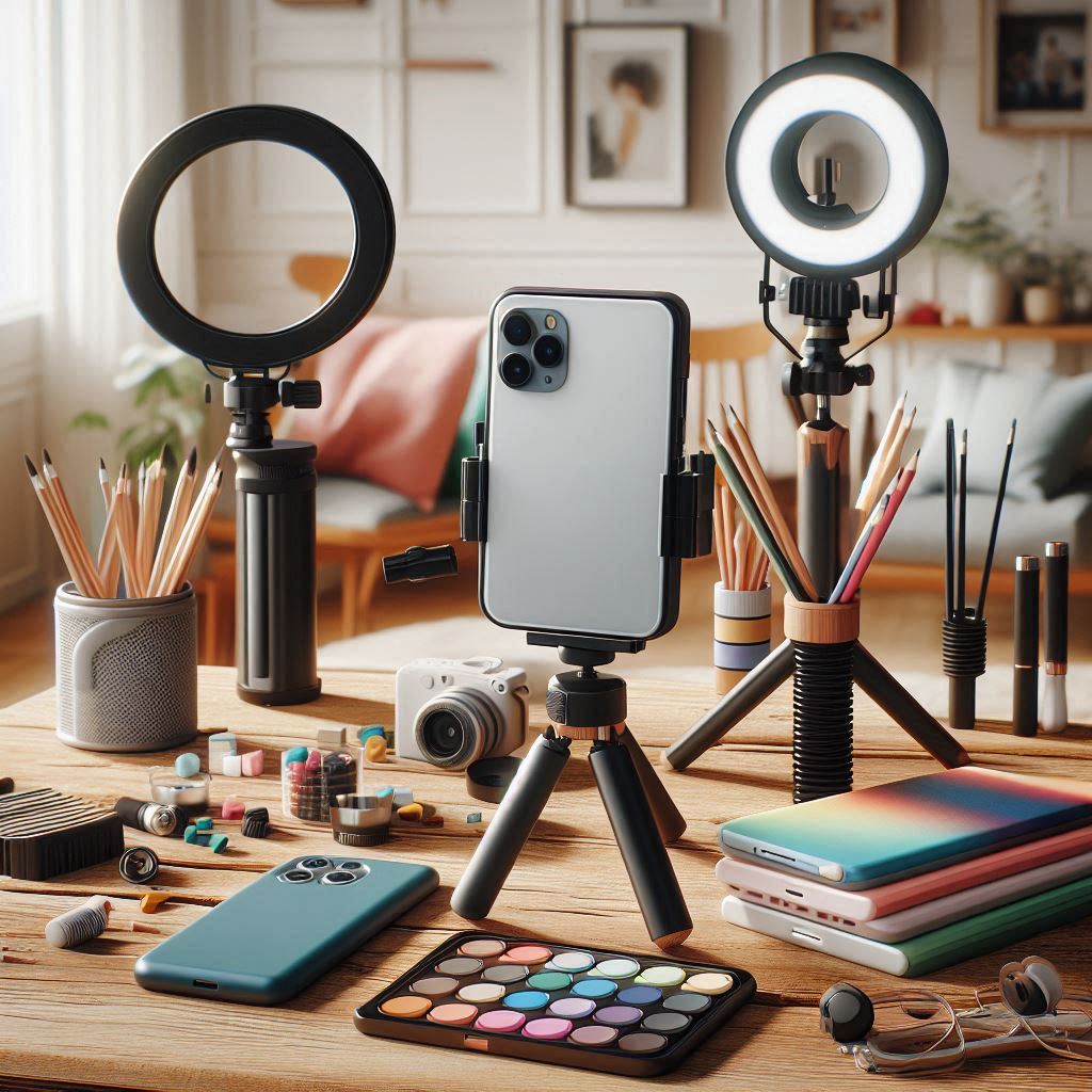 A flat-lay image of mobile content creation accessories including a smartphone gimbal, LED light panel, external microphone, portable SSD, and tripod arranged on a clean desk — symbolizing tools for modern digital creators