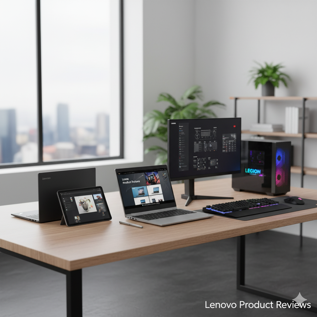 Modern office desk showcasing Lenovo devices for a Lenovo Product Reviews setup: ThinkPad laptop, Lenovo tablet, external monitor with analytics, RGB-lit Lenovo Legion desktop, keyboard, mouse, and stylus; city view and plants in the softly blurred background.