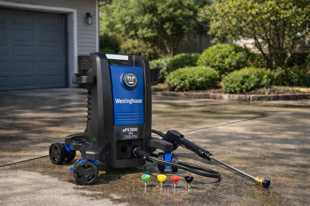 Westinghouse ePX3500 electric pressure washer on a wet residential driveway in daylight, with a garage door and green garden shrubs in the background; spray gun and hose positioned beside the unit.