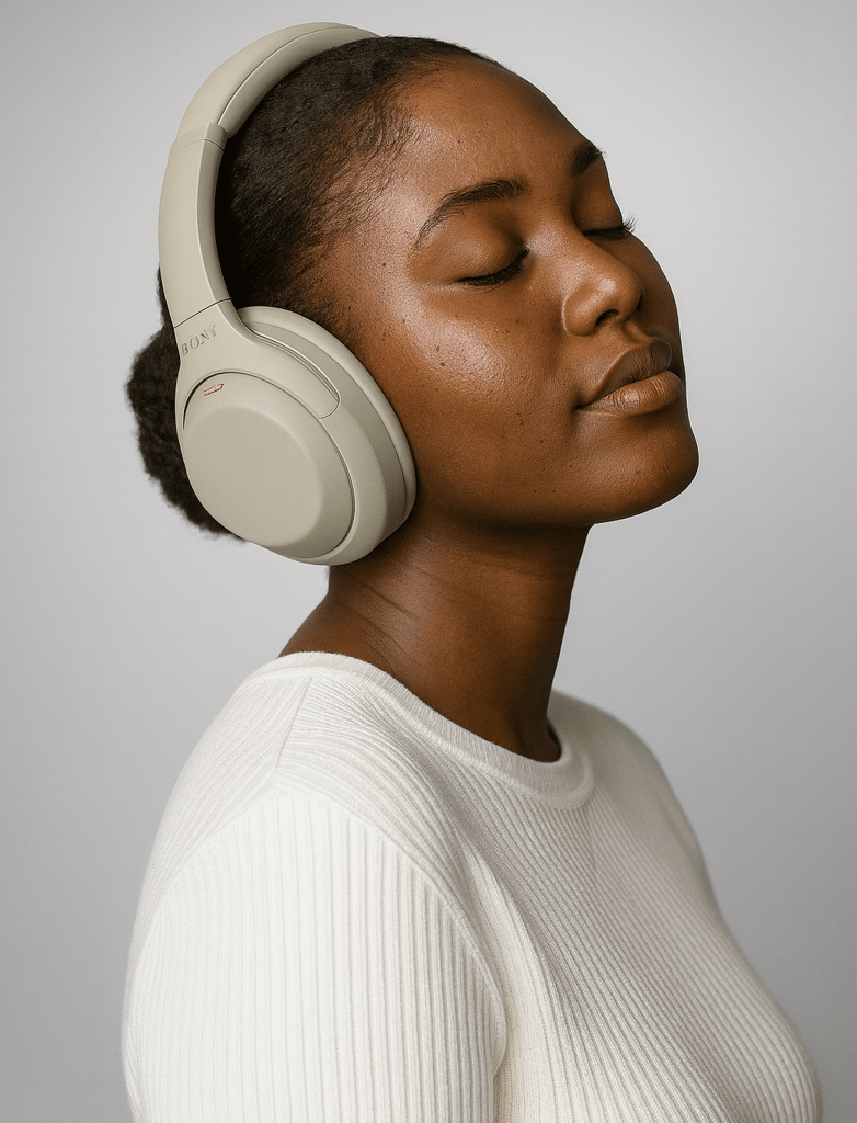 Close-up side-profile portrait of a young Black woman wearing beige Sony WH-1000XM4 over-ear noise-cancelling headphones, eyes closed and relaxed, in a white ribbed sweater against a soft gray studio background.