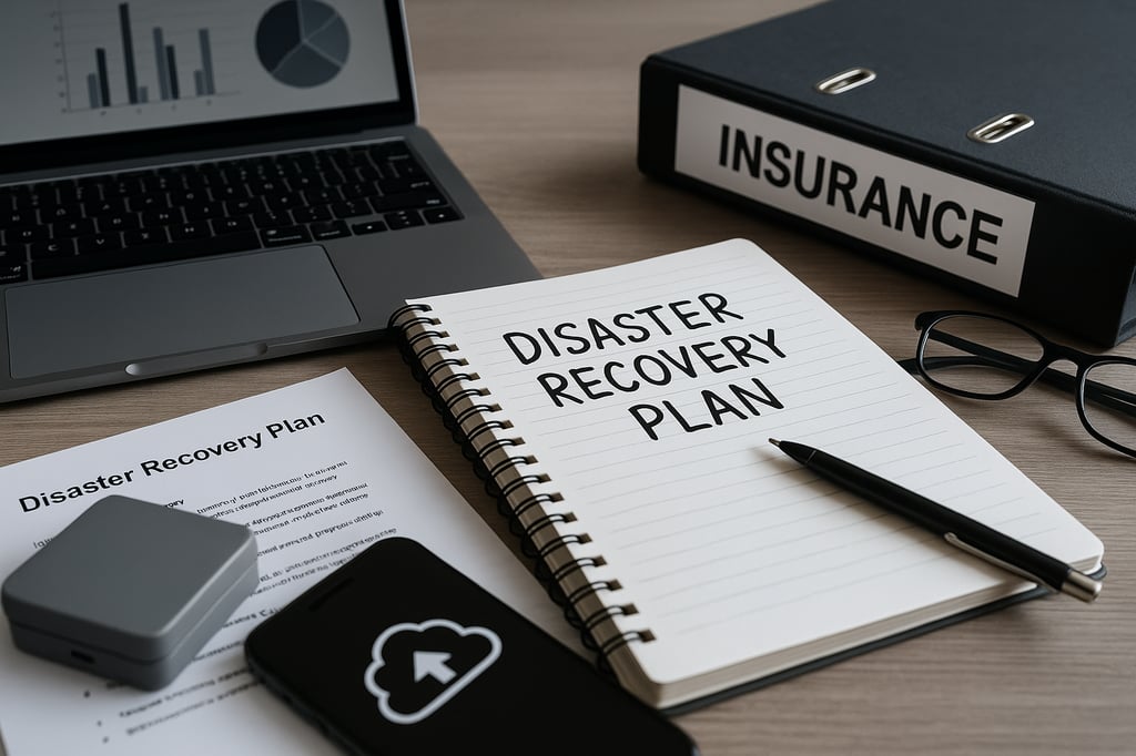 Laptop displaying backup progress dashboard beside external hard drive and binder, with server rack and cloud recovery symbols in the background—depicting disaster recovery planning.