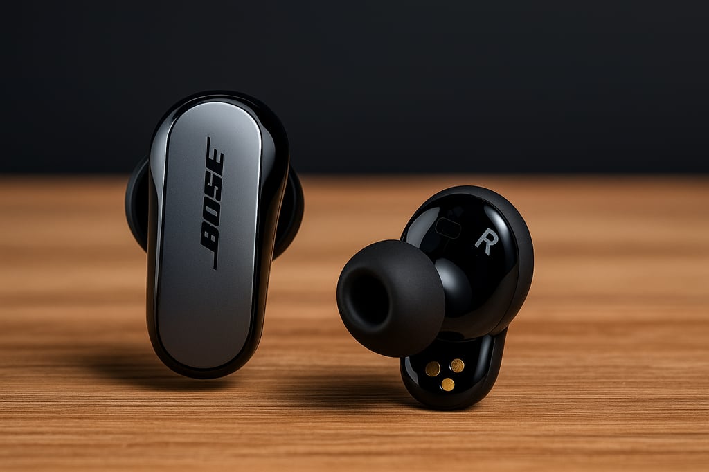 Bose QuietComfort Ultra wireless earbuds in glossy black with ergonomic silicone tips, displayed on a wooden desk with a professional dark gradient background.