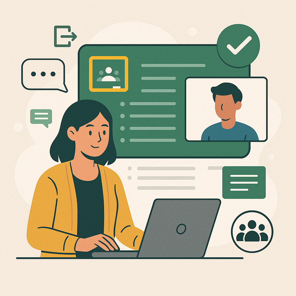 Student coordinating an online class on a laptop; chat bubbles, profile cards, a check mark, and group icons illustrate effective Google Classroom practices.