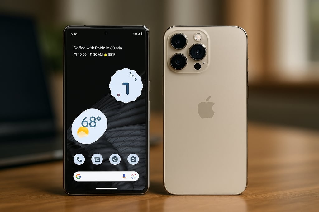 Realistic side-by-side shot of a Google Pixel with a Material You home screen (9:30, 68°) next to an iPhone 15 Pro in Natural Titanium showing its triple-lens camera, placed on a wooden desk with a softly blurred background.