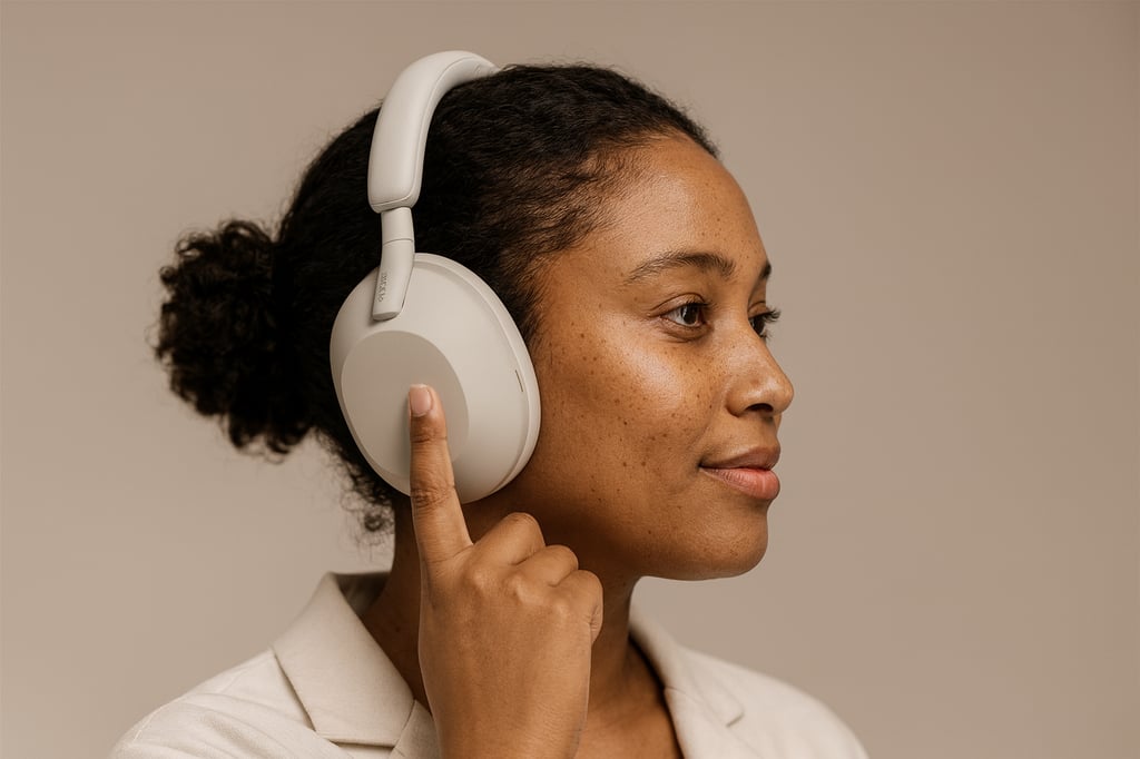 Side-profile studio portrait of a smiling young woman wearing light-beige Sony WH-1000XM6 over-ear headphones, gently touching the right earcup against a clean beige background.