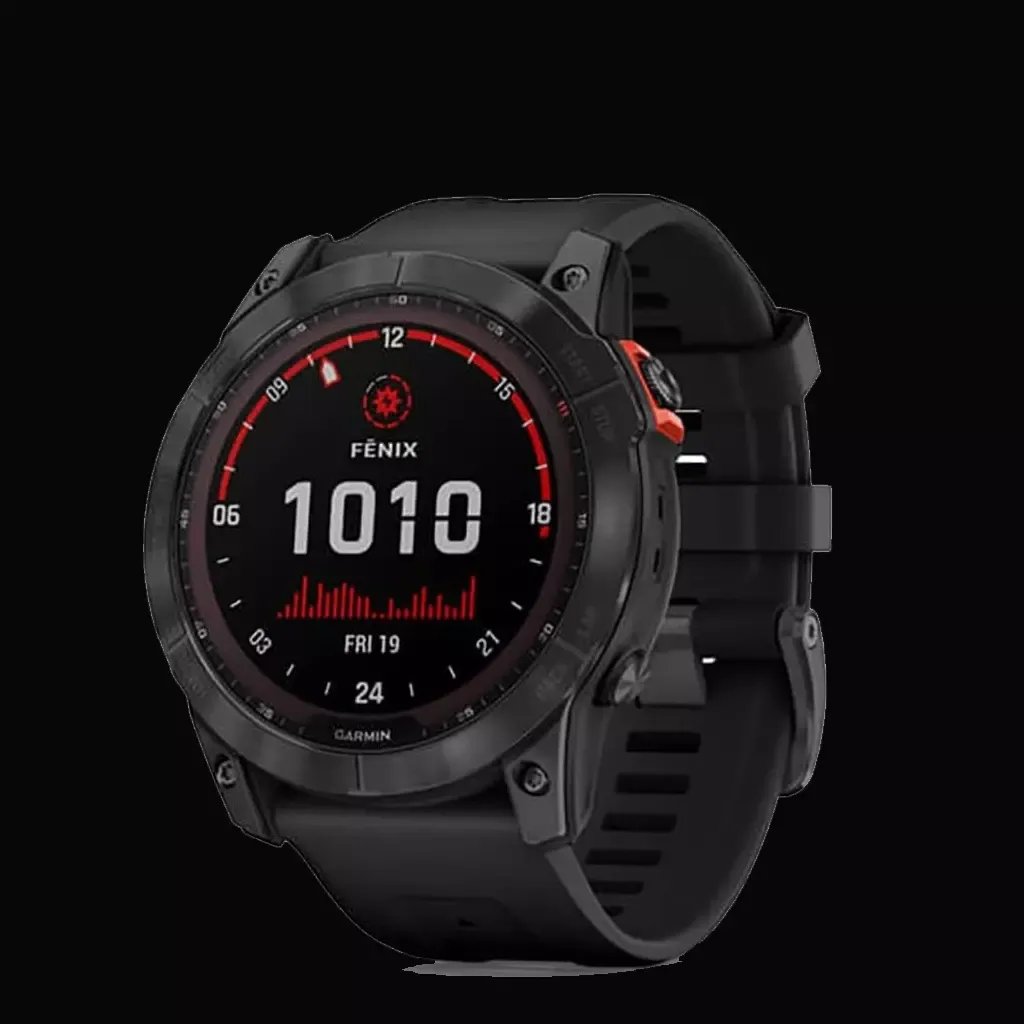 Garmin Fenix 7X Solar multisport GPS smartwatch in rugged black design with silicone strap. The watch display shows time, date, and performance metrics in bold red and white on a dark background.