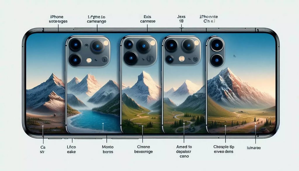 Lineup of iPhones showing different rear camera layouts—triple-lens and dual-lens modules—each displaying the same alpine landscape, illustrating iPhone 16 family camera upgrades versus earlier models.