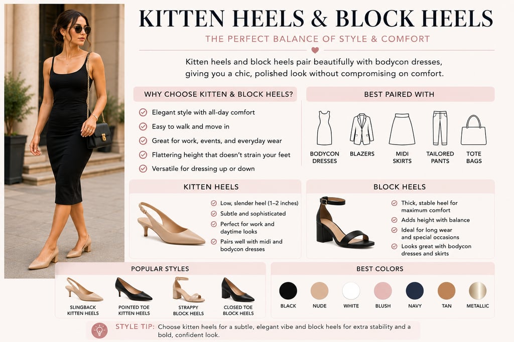 Kitten heels and block heels infographic showing bodycon dress styling tips, outfit pairings, popular heel styles, and best colors for comfortable elegant looks