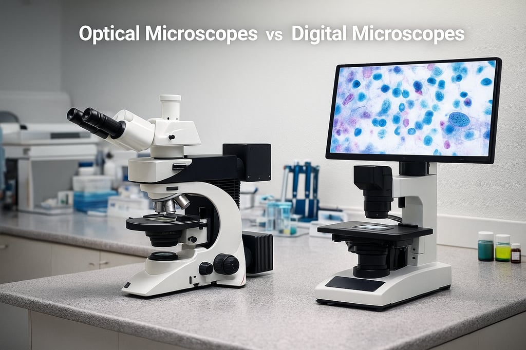 Ultra-realistic comparison in a medical laboratory showing a traditional optical microscope beside a modern digital microscope with a large display screen, under the heading Optical Microscopes vs Digital Microscopes in Medical Labs