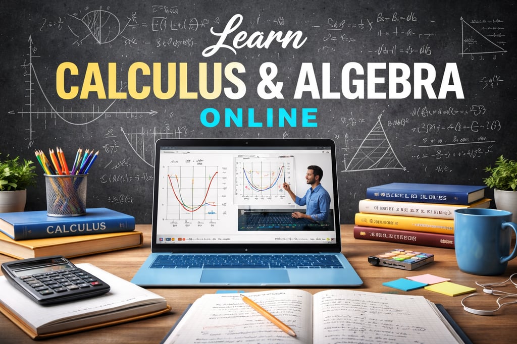 Ultra-realistic study desk scene promoting ‘Learn Calculus & Algebra Online’, with a laptop showing math graphs, books, calculator, notes, and a chalkboard filled with equations in the background.