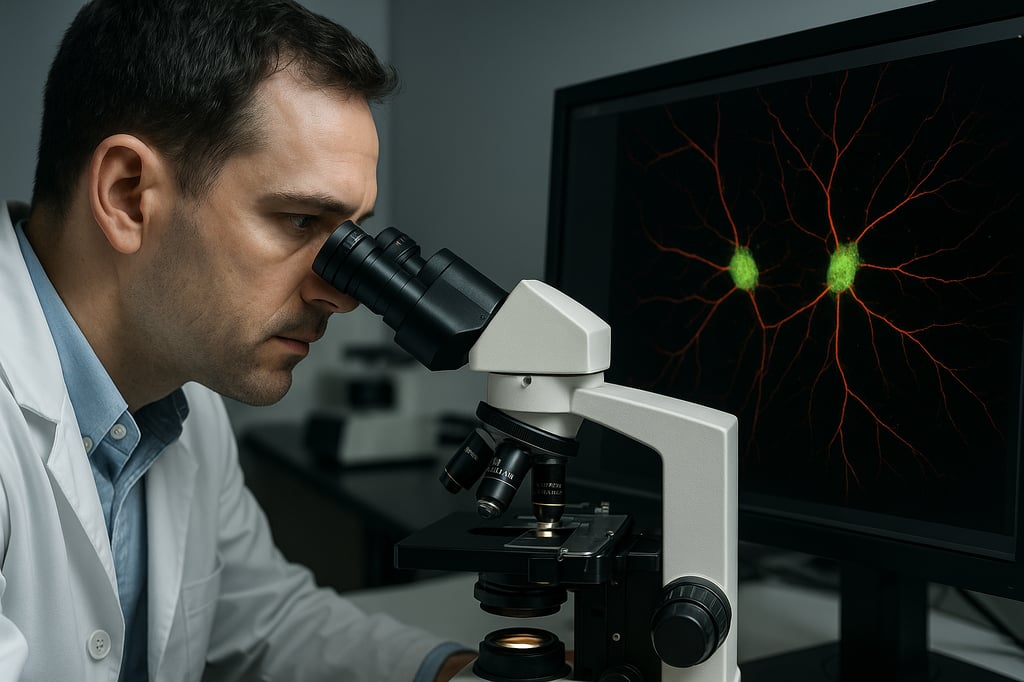 Scientist using a confocal microscope while analyzing fluorescent neuron networks on a monitor, illustrating how confocal imaging enables high-contrast optical sectioning in neuroscience research.