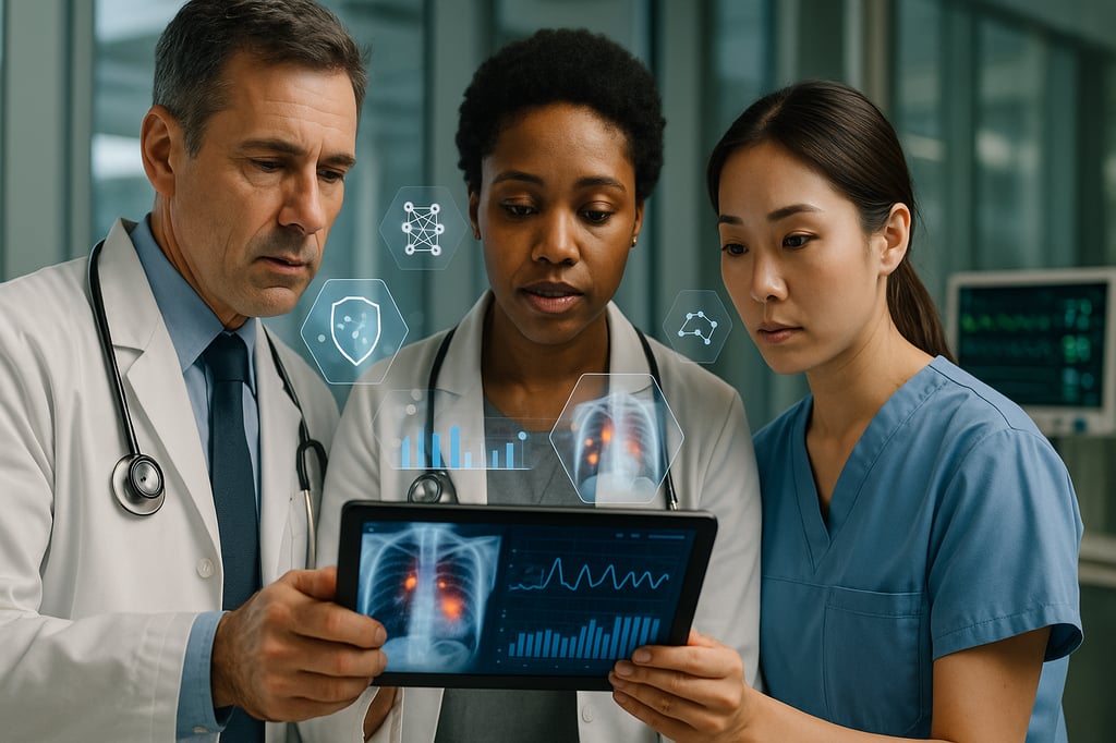 Three clinicians in a modern hospital review a patient's chest X-ray and real-time vitals on a tablet; subtle holographic icons suggest secure health-IT integration and analytics.