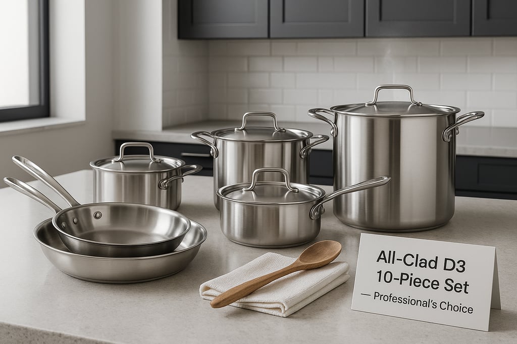 All-Clad D3 10-piece stainless-steel cookware set on a light gray countertop—two fry pans, two saucepans with lids, a sauté pan with lid, and a large stockpot with lid—shot in soft natural light with a wooden spoon, folded towel, and a small “Professional’s Choice” placard.