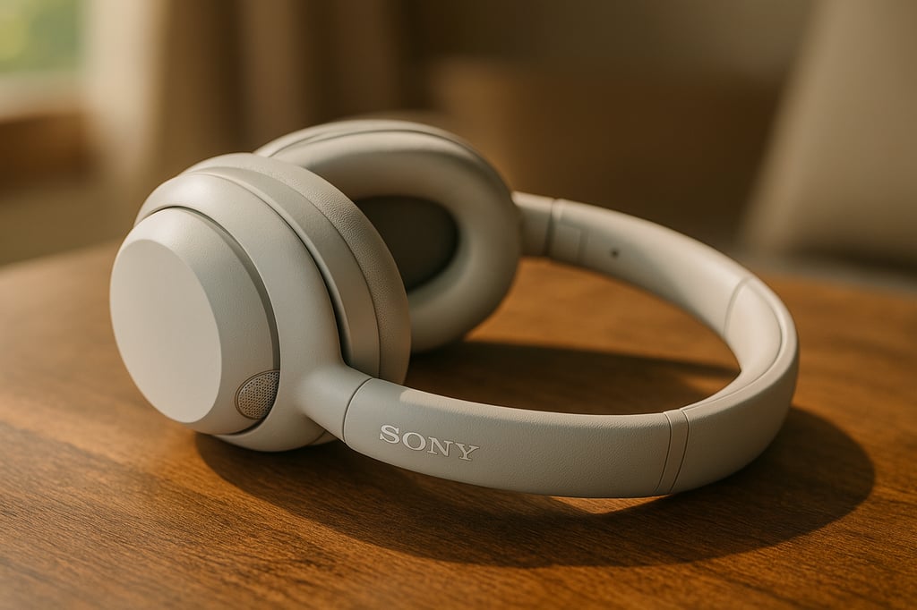 Light-gray Sony  ULT Wear over-ear wireless headphones resting on a warm wooden tabletop, captured in natural window light with soft shadows.