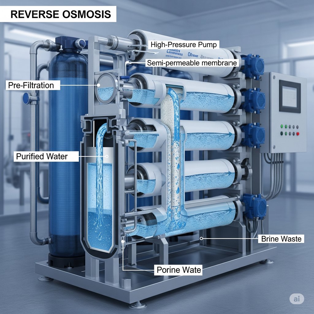 A detailed, professional, and realistic cutaway illustration of a reverse osmosis system, clearly showing the step-by-step water purification process. Labeled components include Pre-Filtration, High-Pressure Pump, Semi-permeable membrane, Purified Water, and Brine Waste, with arrows indicating water flow. The system is set in a modern industrial environment.