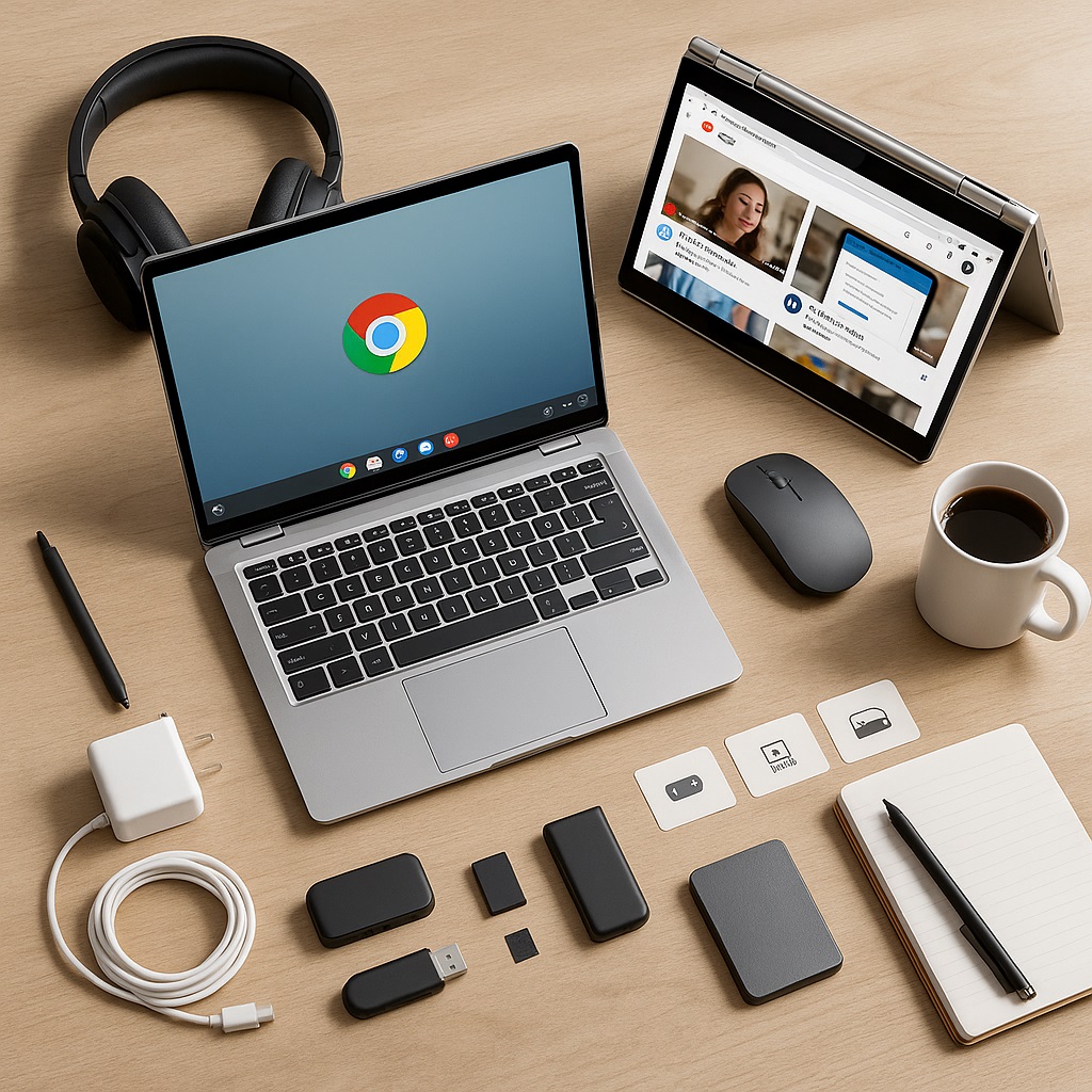 Top-down scene with two Chromebooks—one open showing the ChromeOS logo and one in tent mode with a browser tab—surrounded by headphones, a wireless mouse, USB-C charger, stylus, external SSDs, USB drive, SD/microSD cards, and a coffee mug on a light wood desk.