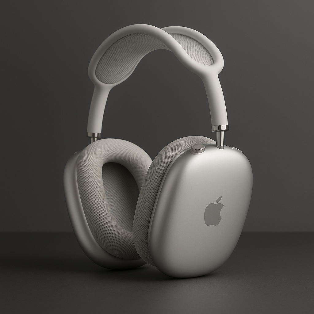 Ultra-realistic close-up of silver Apple AirPods Max headphones with matte aluminum ear cups, breathable mesh headband, and subtle Apple logo, set against a dark gray background
