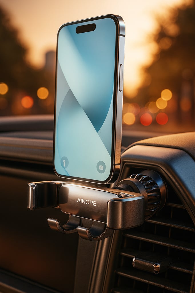 Smartphone held in an AINOPE gravity air-vent car mount on a vehicle dashboard; metallic clamp arms and vent wheel visible, with a softly blurred golden-hour city background.