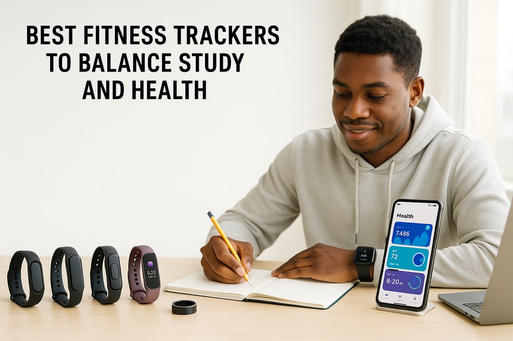 Student at a bright desk comparing fitness trackers, smartwatch, and a phone health dashboard—Best Fitness Trackers to Balance Study and Health