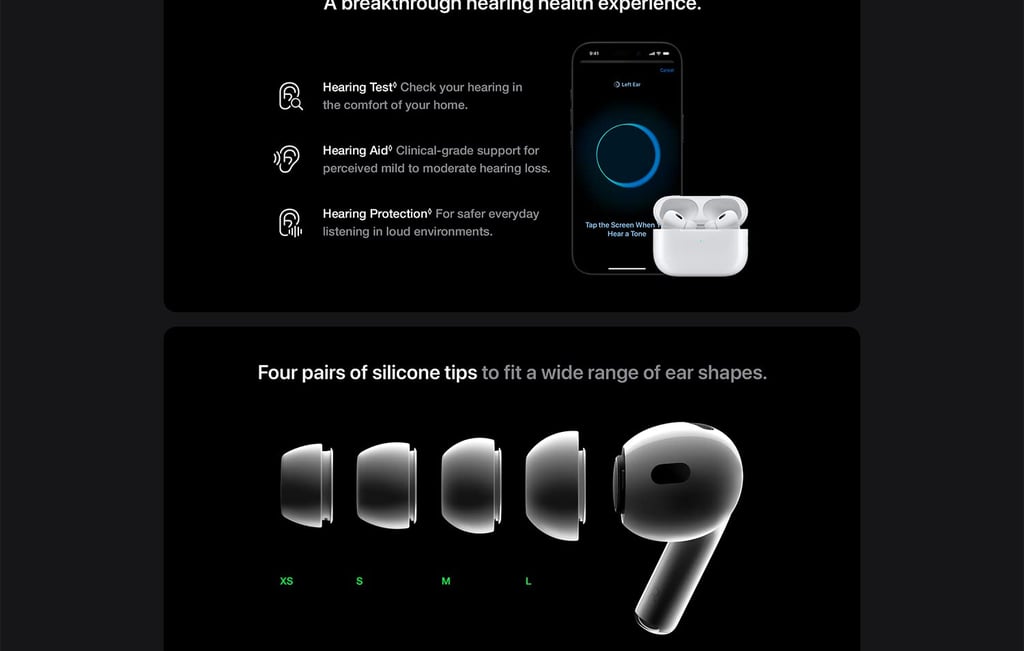 Apple AirPods Pro (2nd Generation) showcasing hearing health features on an iPhone screen and four silicone ear tip sizes labeled XS, S, M, and L against a black background.