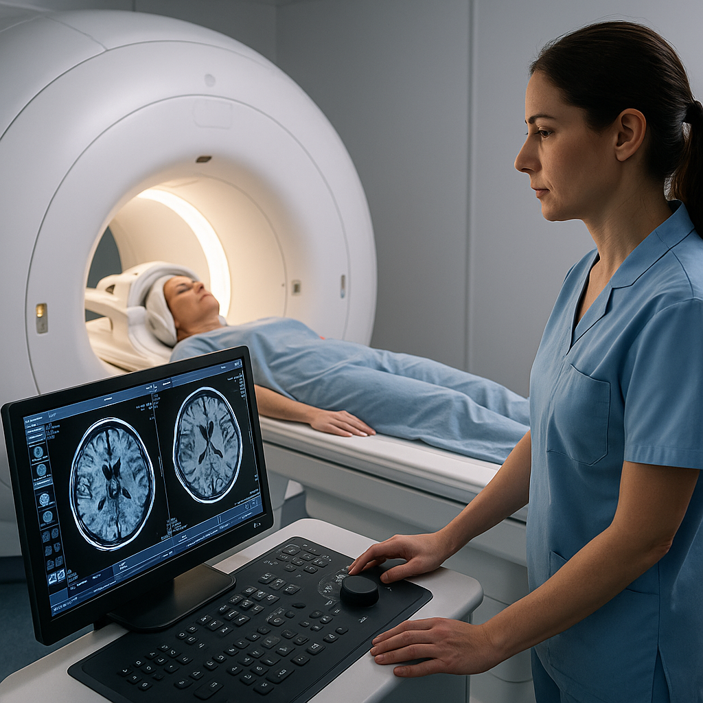 Magnetic resonance imaging exam with a technologist operating the console while a patient lies inside a modern MRI scanner, with detailed brain scans visible on the monitor.