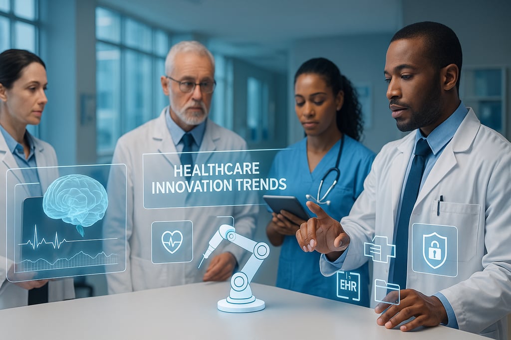 Healthcare innovation trends: four clinicians in a modern hospital reviewing holographic panels with brain scan, heart rate, robotic surgery arm, EHR and cybersecurity icons.