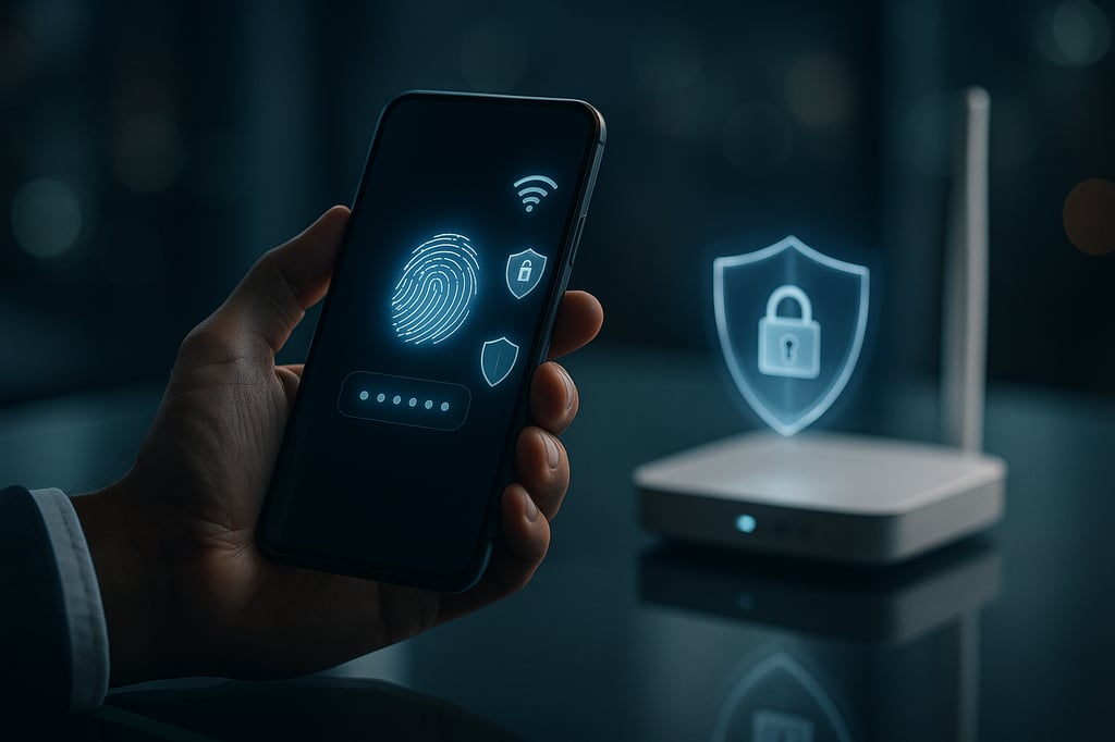 Close-up of a hand holding a smartphone showing a glowing fingerprint login and shield security icons, with a Wi-Fi router and padlock hologram in the background — concept of mobile security best practices.