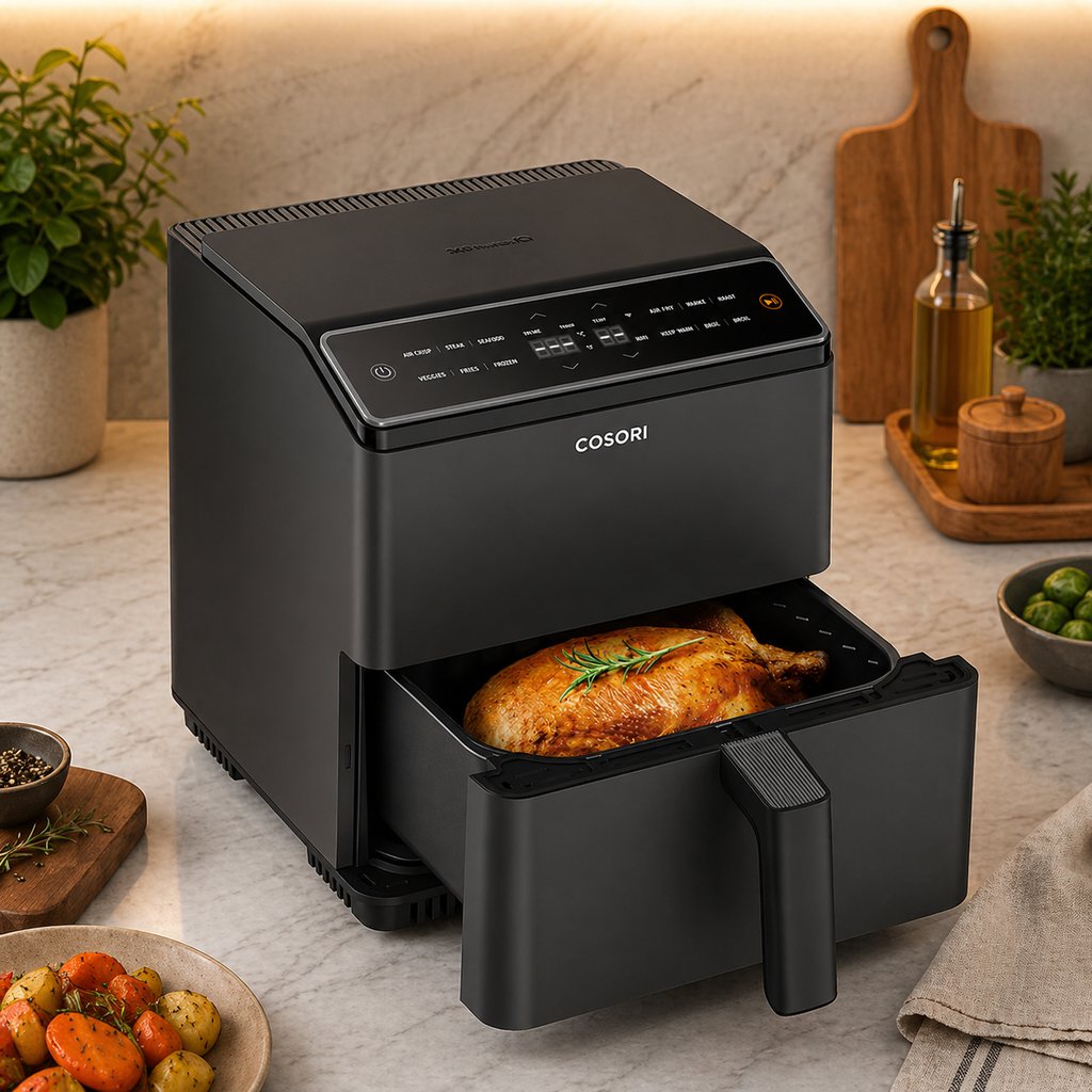 Cosori modern single basket air fryer with roasted chicken in a stylish kitchen background, ideal for everyday home cooking