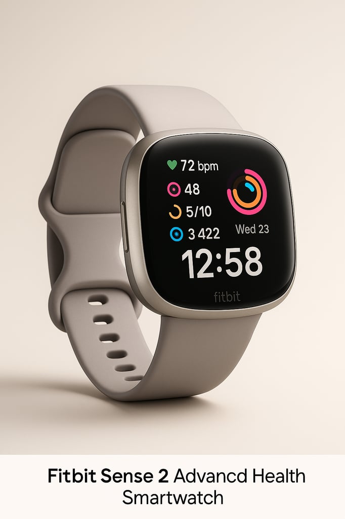 Fitbit Sense 2 Advanced Health Smartwatch in a professional photo shoot with soft lighting, showing its black square display with rounded edges, stainless steel case, and light gray silicone band, featuring heart rate, activity rings, step count, and time on the screen.