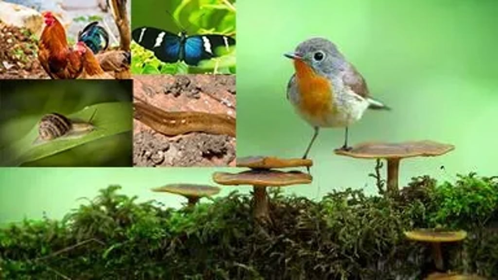Examples of living organisms: collage showing a robin standing on small mushrooms, a rooster, a blue-and-black butterfly, a snail on a leaf, and an earthworm on soil against a soft green background.