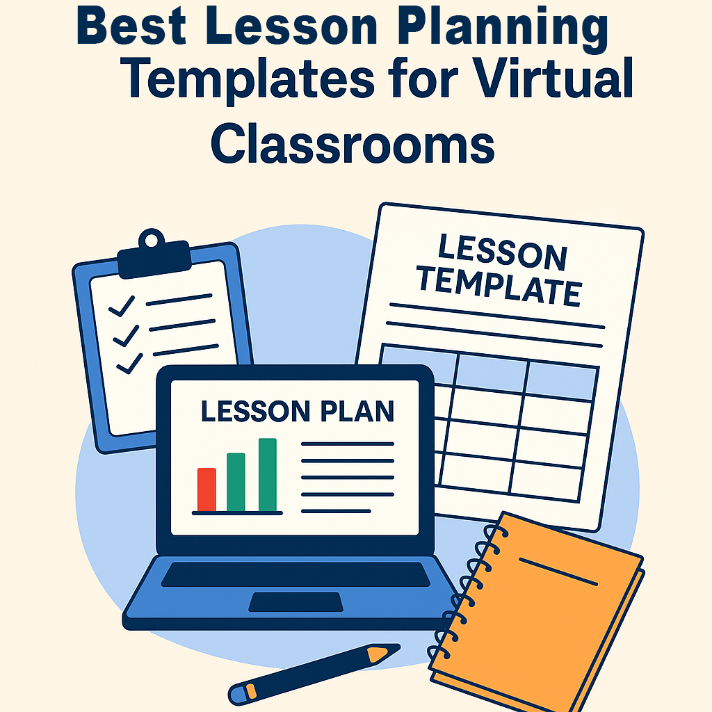 Illustration showing digital lesson planning templates on a laptop screen, tailored for virtual classrooms and online teaching environments