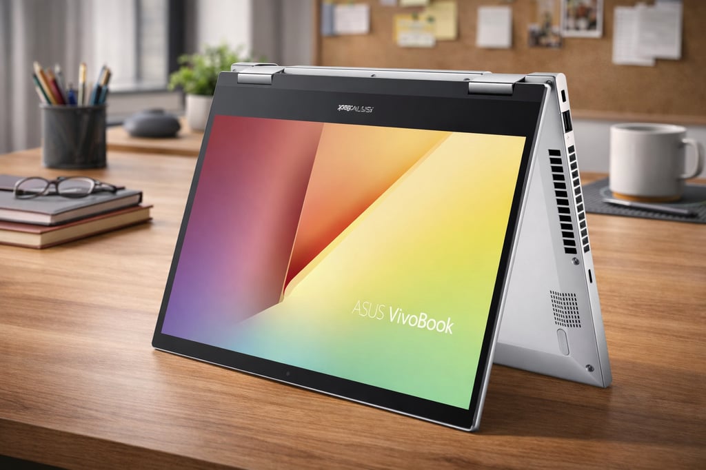 Ultra-realistic ASUS VivoBook Flip 2-in-1 laptop in tent mode on a wooden desk, with a colorful gradient screen, books, eyeglasses, stationery, and a coffee mug softly blurred in the background.